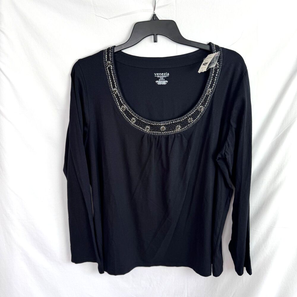 Venezia Women's Top Size 22/24 2X Black Beaded Neckline Long Sleeves NEW